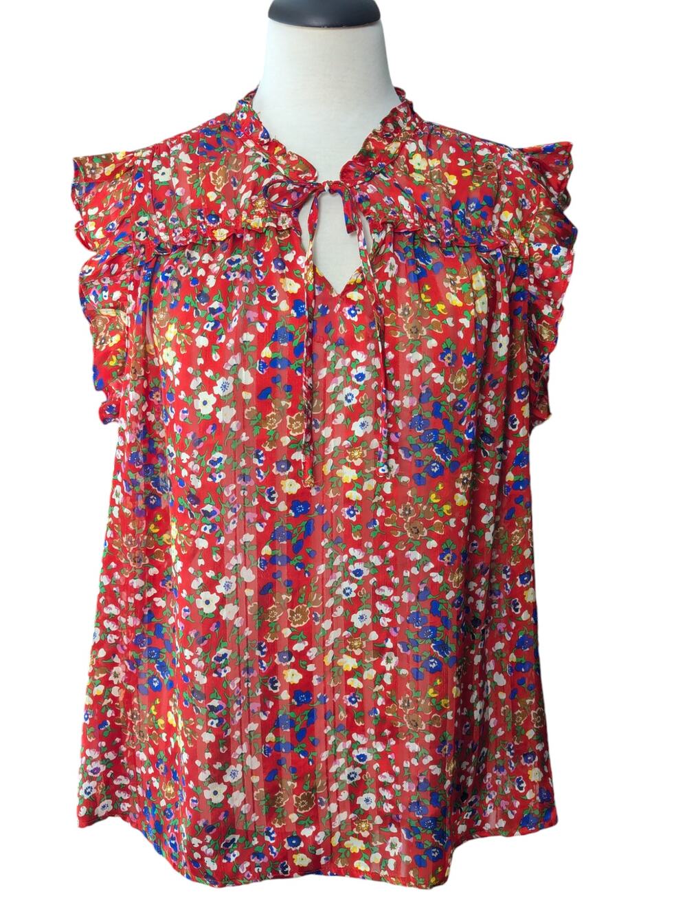 Carolina Belle Women's Large Red Floral Blouse Sleeveless Ruffles Neck Tie